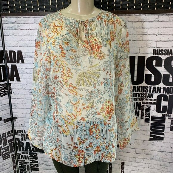 Cabi Blue Floral Silk Sheer Tie Beaded Neck Top - Picture 1 of 6